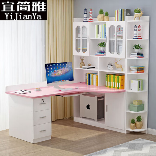 Solid wood desk bookshelf combination corner desktop computer desk desk bookcase integrated child bedroom corner study table white 120*80 upper door host model