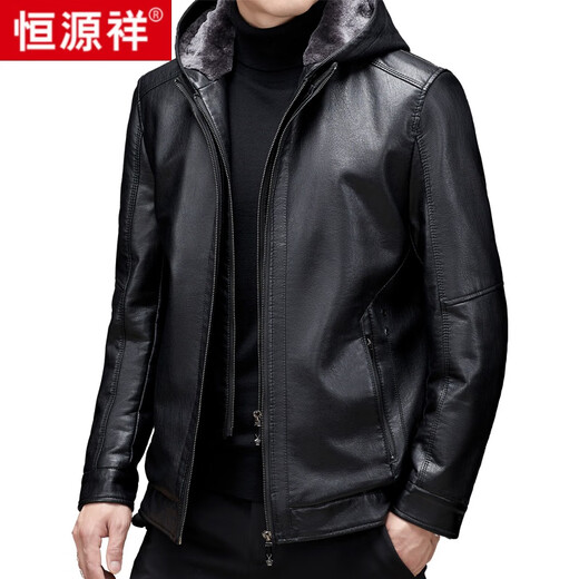 
Hengyuanxiang genuine leather leather jacket for men in winter fur integrated plus velvet thickened sheepskin leather jacket Daddy's large size men's jacket Black XL 180 (120-135Jin [Jin equals 0.5 kg] wear)