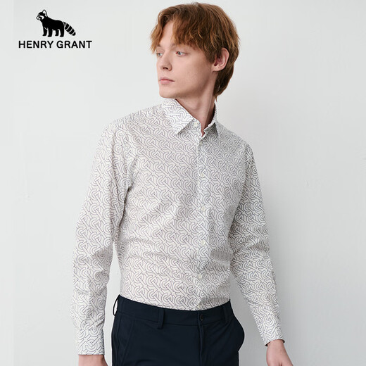 HENRY GRANT Henry Grant Red Panda Autumn and Summer Fashion British Casual Printed Long-Sleeved Shirt Presbyopic Logo White Shirt Men White 46 (170/88A)