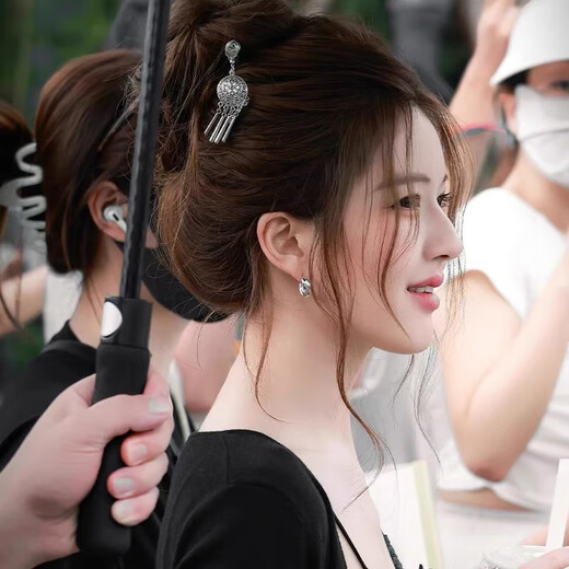 Zhao Lusi and Xu Yan's same style tassel hairpin, new Chinese style ancient style Hanfu updo headwear, daily wear for senior women, silver ethnic style tassel hairpin