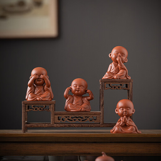 Creative purple sand four little monks tea pet ornaments Zen cute little novice monks boutique can grow tea table tea table decoration four little monks set + three-layer base/YZT