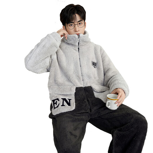 蓓星彤男士睡衣秋冬季珊瑚绒加厚加绒保暖青年休闲可外家居服秋冬款套装 1349N浅灰+黑色【立领款】 L 【建议100-138斤】