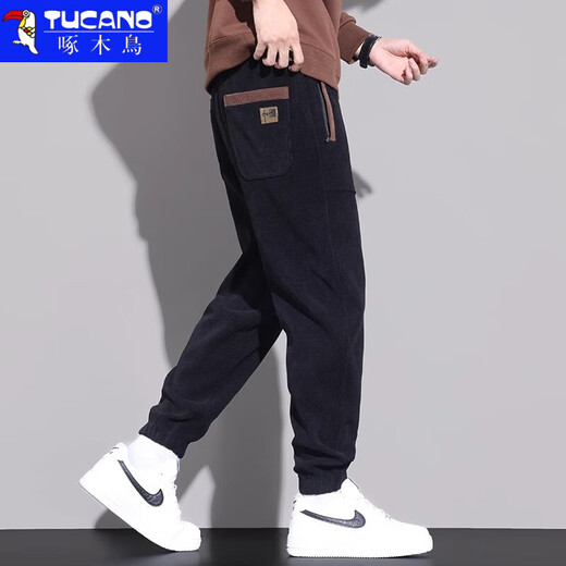 Woodpecker Casual Pants Men's 2025 Autumn and Winter Versatile Velvet Thickened Men's Nine-Point Leg Pants Men's Slim Loose Pants Men's Pants 260 Black Velvet XL Recommended 120-145 Jin Jin equals 0.5 kg