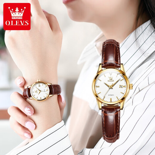 OLEVS Swiss Certified Brand Watch Women's Mechanical Watch Fully Automatic Simple Temperament Women's Watch Light Luxury Belt Style Women's Watch OLEVS-6629 Female-Brown Leather White Face