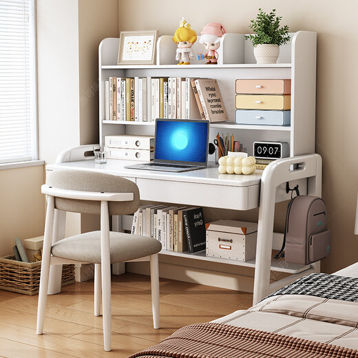 Huixun solid wood desk adult household integrated computer desk with bookshelf bedroom desk small apartment lifting study table walnut color #desk + bookshelf 70cm*60cm*75cm total height 125cm