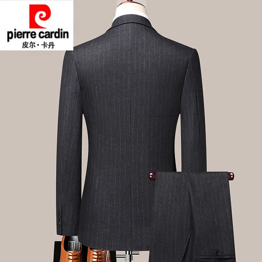 Pierre Cardin high-end men's wool suit striped no-iron suit dress slim business casual middle-aged men's suit thick black and gray striped suit M