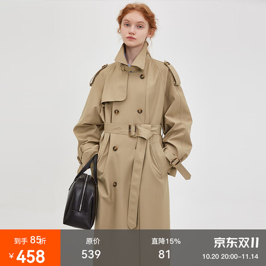 fano studios范洛Fano 2025复古经典双排扣翻领风衣女系带中长款外套 卡其黄 XS