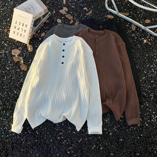 XUEDEYA Chaoshan sweater men's pit texture Henry collar solid color long-sleeved sweater men's American texture pullover sweater white M