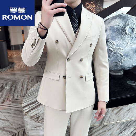 ROMON dark green suit men's suit groom double-breasted suit men's casual slim wedding dress peaked lapel dark green (suit + pants) tie M