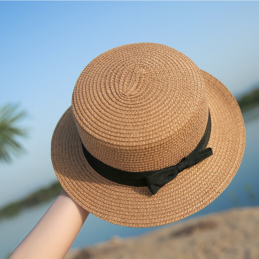 Anzhishang Korean style straw hat for women summer British retro flat top small fresh top hat sun protection beach hat travel trendy summer beige