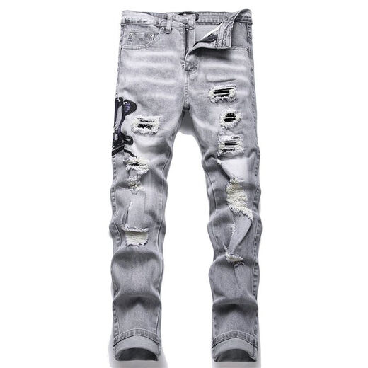 Moring Bull New High Street AM Trendy Jeans Herren zerrissener Cobra Sticker Leder Patch Elastizität Slim Black Black 3523 29
