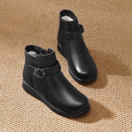 Red Dragonfly Mom Cotton Shoes Women's Winter Wool and Velvet Warm High Top Short Boots Comfortable Leather Boots WTC44638 Black 38