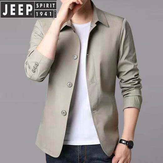 JEEP SPIRIT春秋季男士商务休闲夹克西装中青年纯色翻领简约韩版修身风衣外套 浅灰色1048 XL【建议130-145斤】