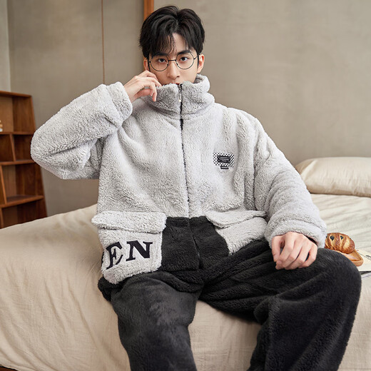 少年情话男士睡衣珊瑚绒秋冬款保暖舒适大码冬天青年休闲家居服套装可外穿 1349N【浅灰+黑色】 L (170) (建议100-135斤)