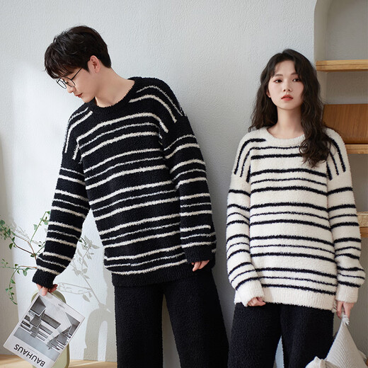 Shaqian couples pajamas winter half velvet plus velvet thickened coral velvet men and women autumn and winter striped warm home clothes