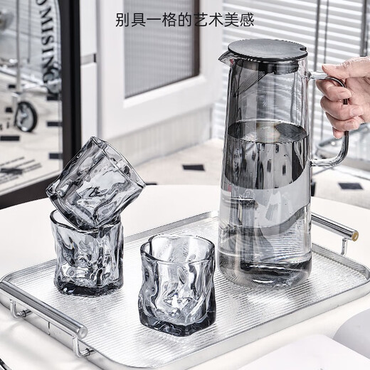 MIDOC glass cup, high-end home water cup set, living room room temperature tea cup, drinking cup, family tea cup set, cigarette ash twist 6 + black frame + black iron plate + gray triangle kettle