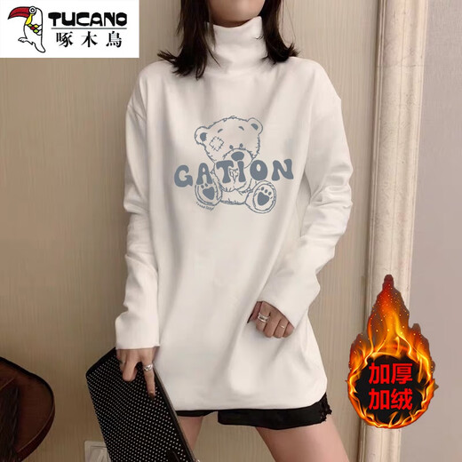 Woodpecker (TUCANO) turtleneck German velvet bottoming shirt for women with long sleeves and velvet thickening 2025 autumn and winter style inner mid-length t-shirt for women black black plus velvet XL 135-150Jin Jin is equal to 0.5 kg