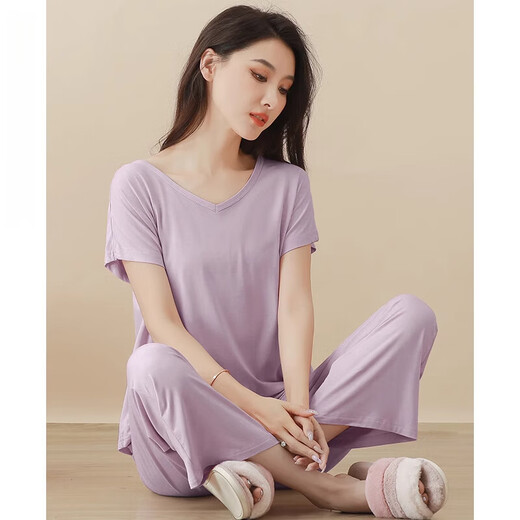 Pajamas modales para mujeres en verano de estilo delgado modal de manga corta con almohadillas en el pecho y pantalones de nueve puntos para ropa al aire libre. Juego de ropa para el hogar. Sedio de seda de hielo Sentimiento fresco. 841 negro (con almohadillas en el pecho) l