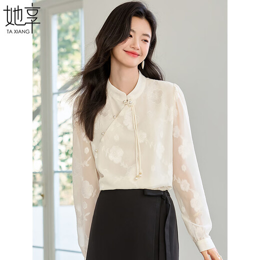 She enjoys long-sleeved shirt women's oriental simple luxury style high-end jacquard fabric shirt chiffon shirt top T143C2401