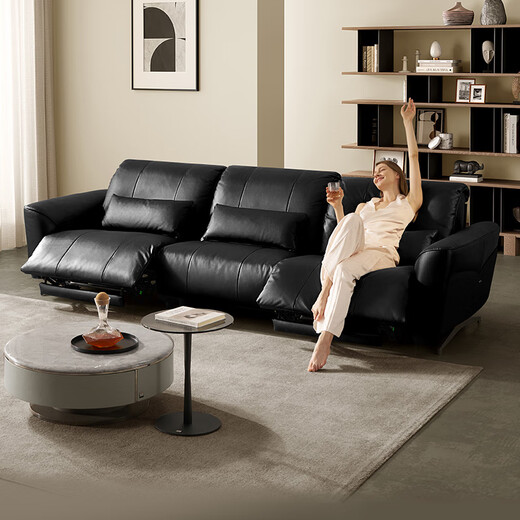 Gujia Home Italian 0 wall-facing sofa can enter the sweeper large seat deep and high-leg living room genuine leather 6223B [Expert] [You can enter the sweeper] Black three-person dual electric 3.05m
