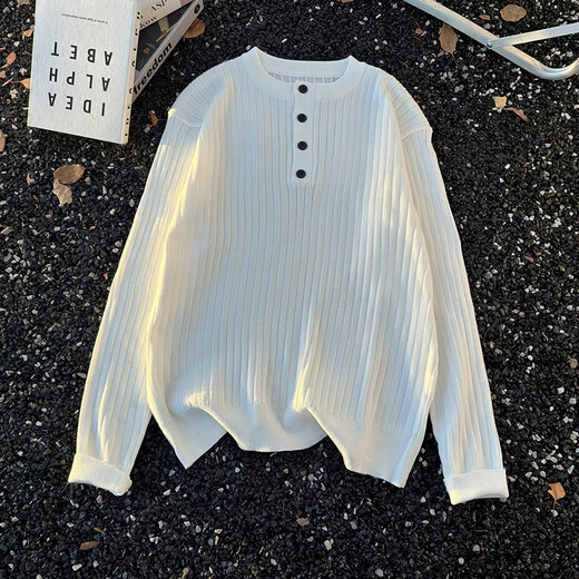 XUEDEYA Chaoshan sweater men's pit texture Henry collar solid color long-sleeved sweater men's American texture pullover sweater white M