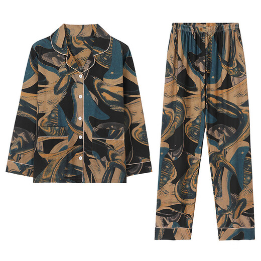 Modal pajamas women's pure cotton long-sleeved spring, autumn and winter cardigan large size loose middle-aged mother's home clothing set XEQ9906 L - weight 100-120Jin [Jin equals 0.5 kg]