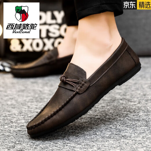 Western Camel (VANCAMEL) Men's Bean Dog Shoes Korean Business Work Casual Leather Shoes Breathable and Versatile Anti-Slip One-Pin Men's Shoes 2025 Summer D826 Black 43 Small