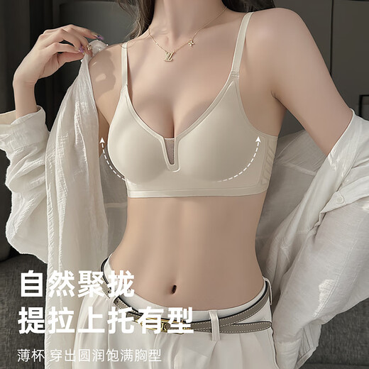 眺德高内衣女秋薄款无钢圈文胸上托聚拢胸罩收副乳美背无痕内衣 奶白色 S 【 32/70ABC】