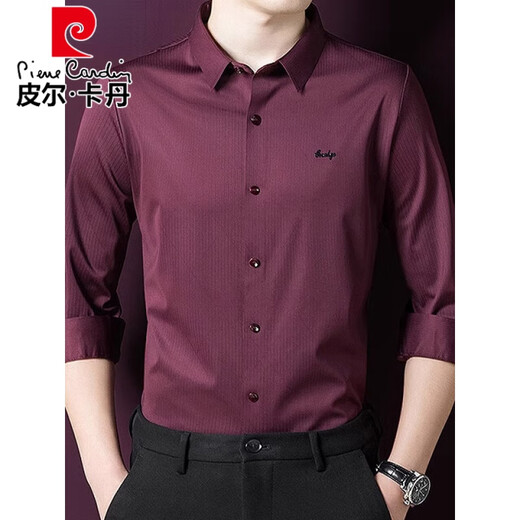 Pierre cardin burgundy shirt men's long-sleeved wedding dress wedding father-in-law wedding dress dad's zodiac year red shirt parents' clothing red plush 6627 165
