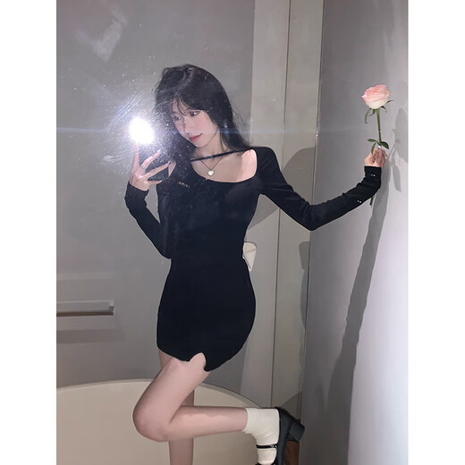 Yi Jingxuan (Yijingxuan) Pure heiße Mädchen Beugen Langarm Kleid Damen Herbst sexy schwarz hohle enge schlanke und butt nachtclub Hauptbild S 85-95jin [Jin gleich 0,5 kg]