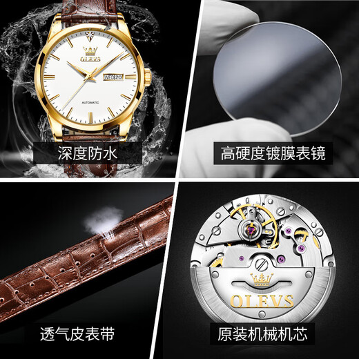 Olevs Swiss Certified Brand Watch Herren Mechanical Watch Vollautomatische Herren Uhr Waterdes Luminous Doppelkalender High-End-Uhr Olevs-6629 Männer-braune Leder weiße Oberfläche