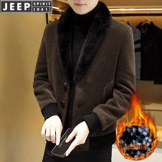 JEEP SPIRIT wool collar tweed coat men's Korean style jacket plus velvet thickened simple short windbreaker trendy autumn and winter warm jacket Black M 90-110