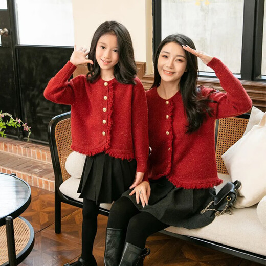 BUBBLE ORANGE mother-daughter parent-child clothing autumn and winter style New Year's style red knitted cardigan sweater jacket high-end dress top burgundy/single piece 100 baby girl size 100 (recommended weight 30Jin Jin is equal to about 0.5 kg)