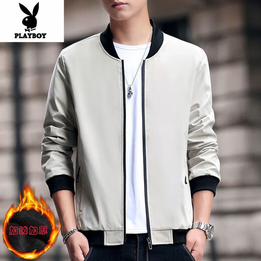 Playboy (PLAYBOY) Jacket Men's Jacket Autumn Thick and Optional Large Size Casual Men's Tops New Young and Middle-aged Men's Clothing 2090-Khaki Velvet Thickened Black Velvet XL 110-130Jin Jin is equal to 0.5 kg