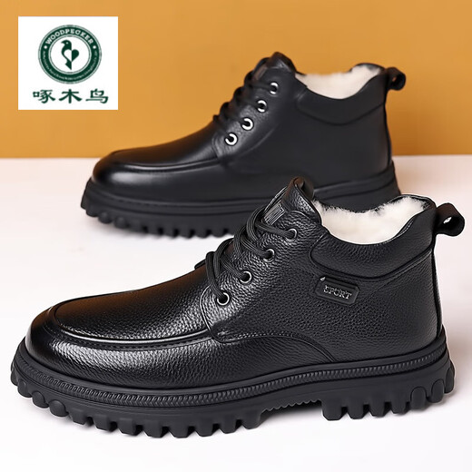 Woodpecker head-layer cowhide wool-lined high-top large cotton shoes formal leather shoes for men plus velvet casual warm middle-aged and elderly dad shoes black lace 41 (standard leather shoe size)