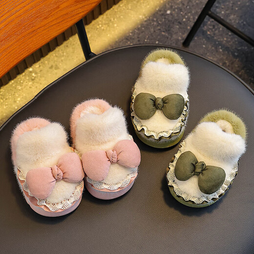 Winter children's cotton slippers for girls and princesses, non-slip EVA warm plus fluffy bow, small and medium-sized children's cotton slippers, upgraded version of environmentally friendly material pink (heel included) 12 28/29 size (inner length 17CM, no rear elastic band