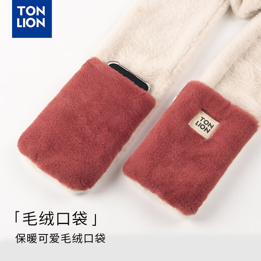 TonLion Winter Fire Fox Ears Hat Scarf Gloves One-piece Furry Thickened Warm Ear Protection Three-piece Hat Women Champagne Red