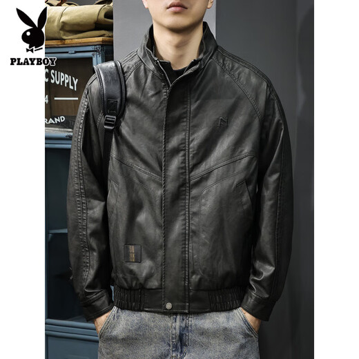 Playboy autumn and winter 2025 new handsome PU leather jacket men's autumn stand-up collar loose American top pilot leather jacket black gray L suitable weight 130-145Jin Jin equals 0.5 kg