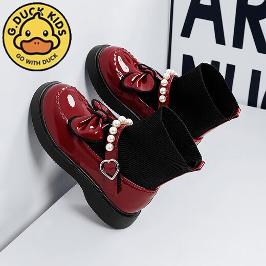G.duck Little Yellow Duck Girls' Shoes Small Leather Shoes 2025 Children's Short Boots Princess Martin Boots Autumn and Winter Little Girls Black Boots HDL-Red 818 (Single Shoe) Size 37 Inner Length 22.9cm