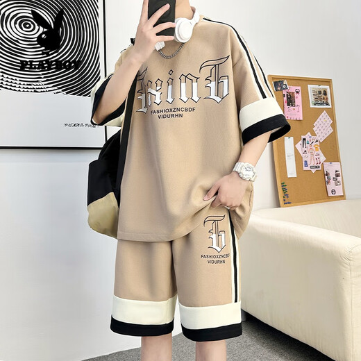 花花公子（PLAYBOY）短袖t恤男休闲套装男2024夏季华夫格短裤两件套圆领半袖男体.恤衫 DT681黑色套装 170 (约110~125斤可穿)
