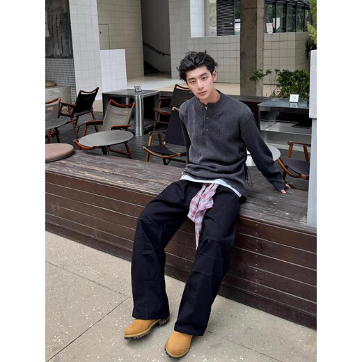 Mangmang black Henry collar sweater for men, autumn old money style long-sleeved T-shirt, cleanfit lazy top, light gray 3XL