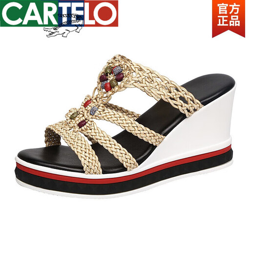 
CARTELO new summer genuine leather Roman style slippers for women's non-slip thick-soled high-heeled wedge sandals for women apricot color 38