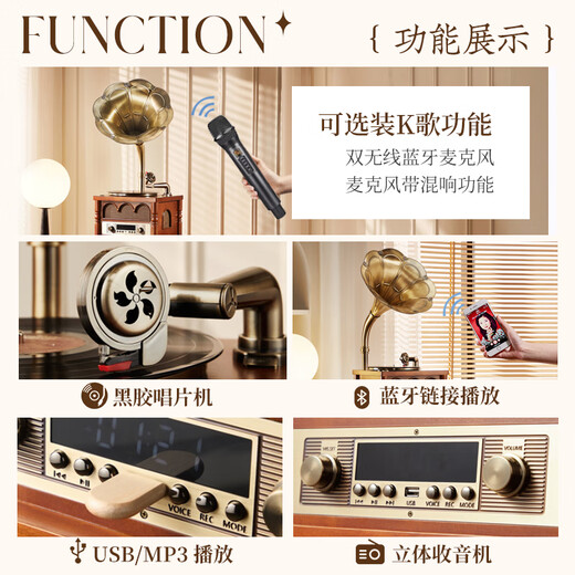 Catherine French retro gramophone vinyl record player audio living room European all-in-one record player HIFI Bluetooth speaker home floor decoration walnut + 6.5-inch subwoofer