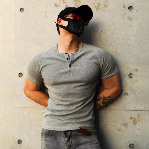 Tan Beiman's sexual tension wear for men Henry shirt men's short-sleeved T-shirt American heavy thread fitness retro short-sleeved muscle running gray L115-135Jin [Jin equals 0.5 kg]

