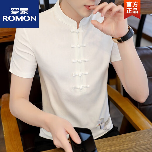 ROMON new summer cotton linen short-sleeved T-shirt for men's stand-up collar Chinese style embroidered large size Tang. Button top Han. Clothing black 9871 stand-up collar short sleeve M