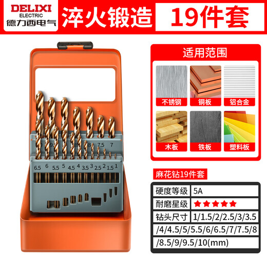 Delixi Electric High Hardness Twist Drill Bit Stainless Steel Alloy Steel Drilling 19-piece Set Official Standard