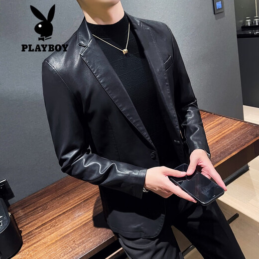 Playboy (PLAYBOY) suit men's genuine leather jacket Haining Spring and Autumn 2025 new jacket casual cowhide suit men's top black M suggests 100-120

