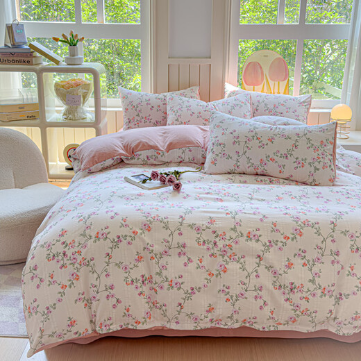 Yalu Class A bedding four-piece set non-cotton pure cotton sheets and quilt covers for home double sleeping naked 1.8m bedding set Fenyu Class A maternal and infant grade bed sheet style 1.5m four-piece set quilt cover 200x230cm