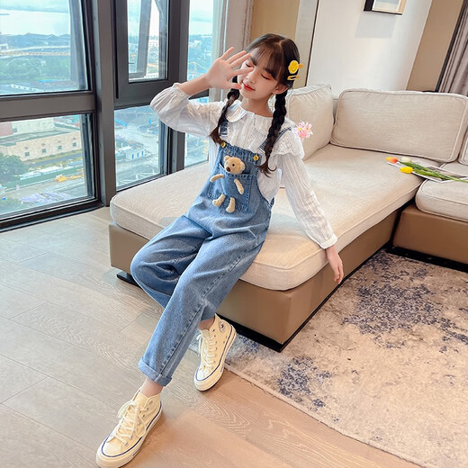 Jianzifeifei (Jianzifeifei) girls' pants loose denim overalls spring and autumn autumn clothing for middle-aged and older children new trendy casual trousers blue - bear overalls trousers size 160 recommended height around 145-155 cm