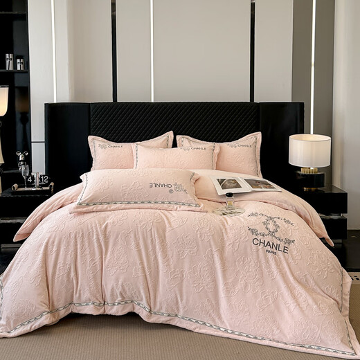 Mercury Series Home Textiles Category A Maternal and Infant Grade Full Matte Milk Velvet Four-piece Set Winter Thickened Small Fragrance Quilt Cover Baby Velvet Pink Bedding Small Fragrant Peony-Fruit Green Sheet Style 1.8m Four-piece Set/Quilt Cover 2.0x2.3m